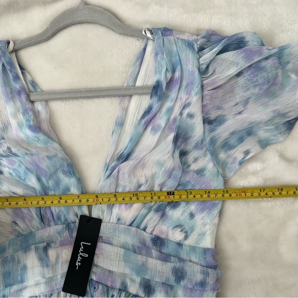 Sunny Evenings Blue Multi Lurex Flutter Sleeve Mini Dress Lulus medium - Picture 7 of 9